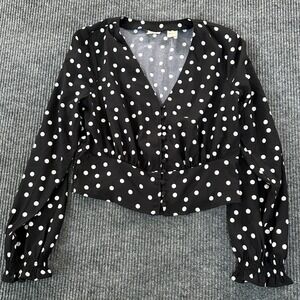 Levi's Blouse Womens Medium Black White Polka Dot Cropped Long Sleeve Button Top